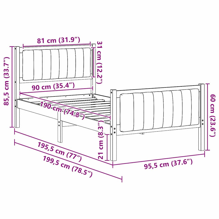 Bedframe Bruin en lichtgrijs 90 x 190 cm Massief grenenhout