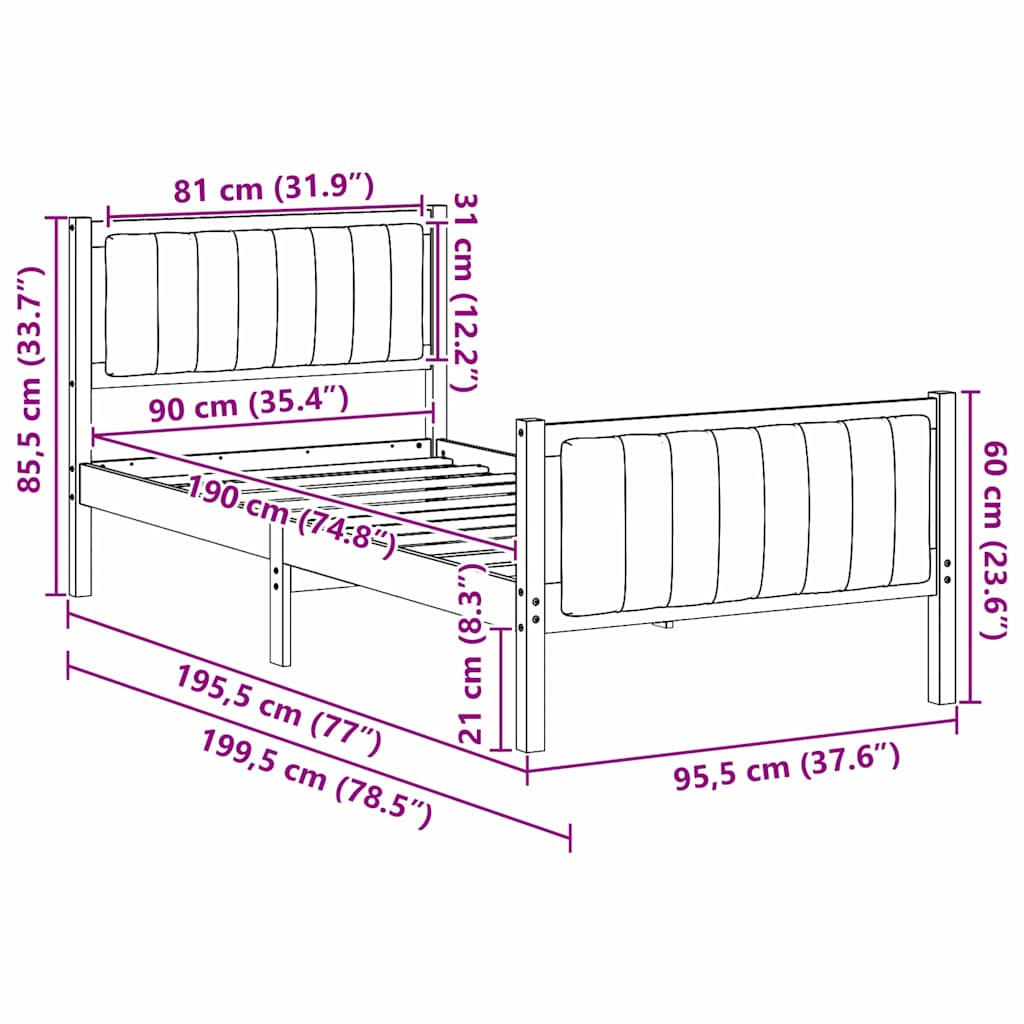 Bedframe Bruin en zwart 90 x 190 cm Massief grenenhout