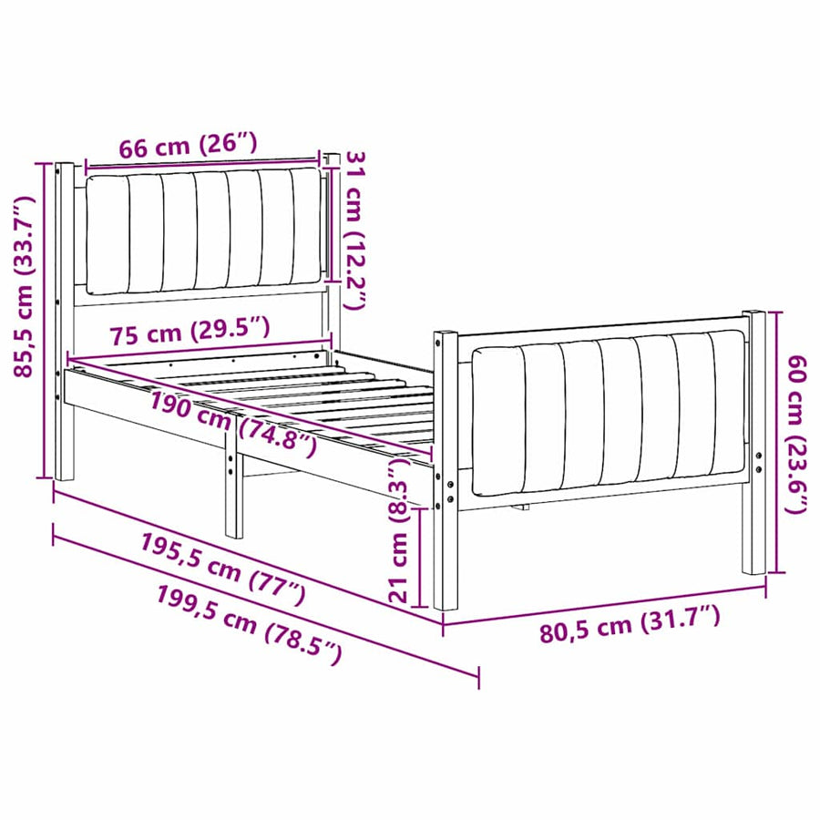 Bedframe Wit en lichtgrijs 75 x 190 cm Massief grenenhout