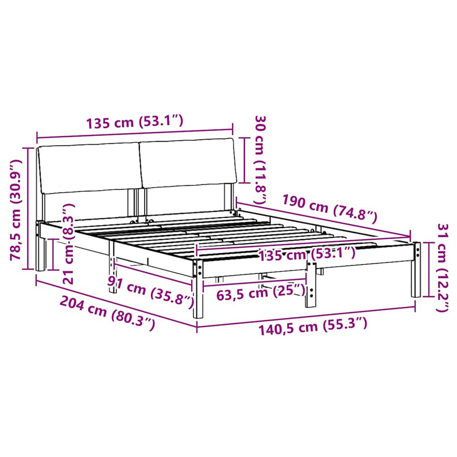 Bedframe Bruin en lichtgrijs 135 x 190 cm Massief grenenhout
