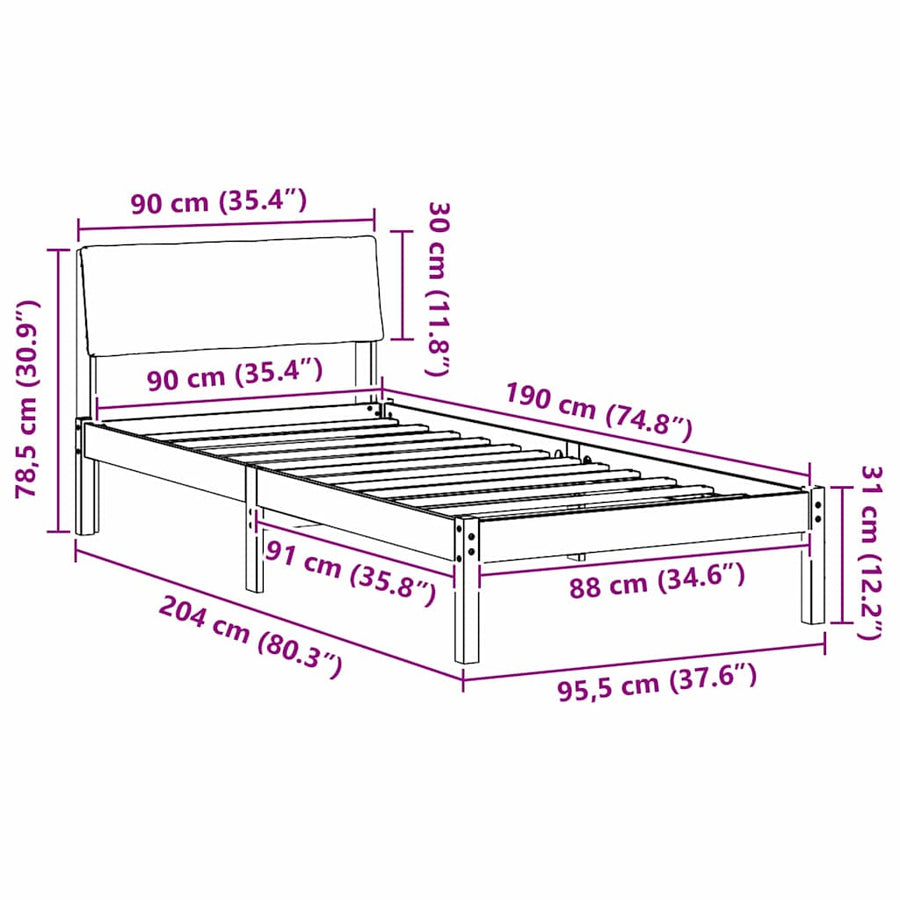 Bedframe Wit en lichtgrijs 90 x 190 cm Massief grenenhout