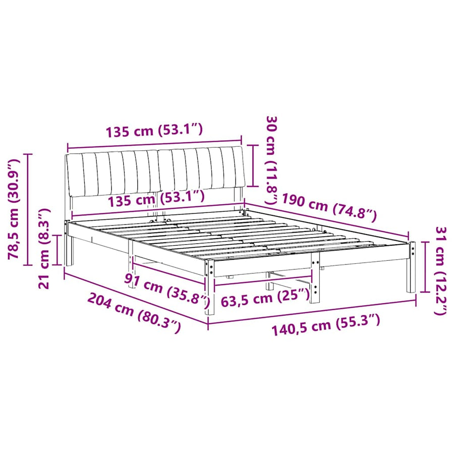 Bedframe Bruin en lichtgrijs 135 x 190 cm Massief grenenhout