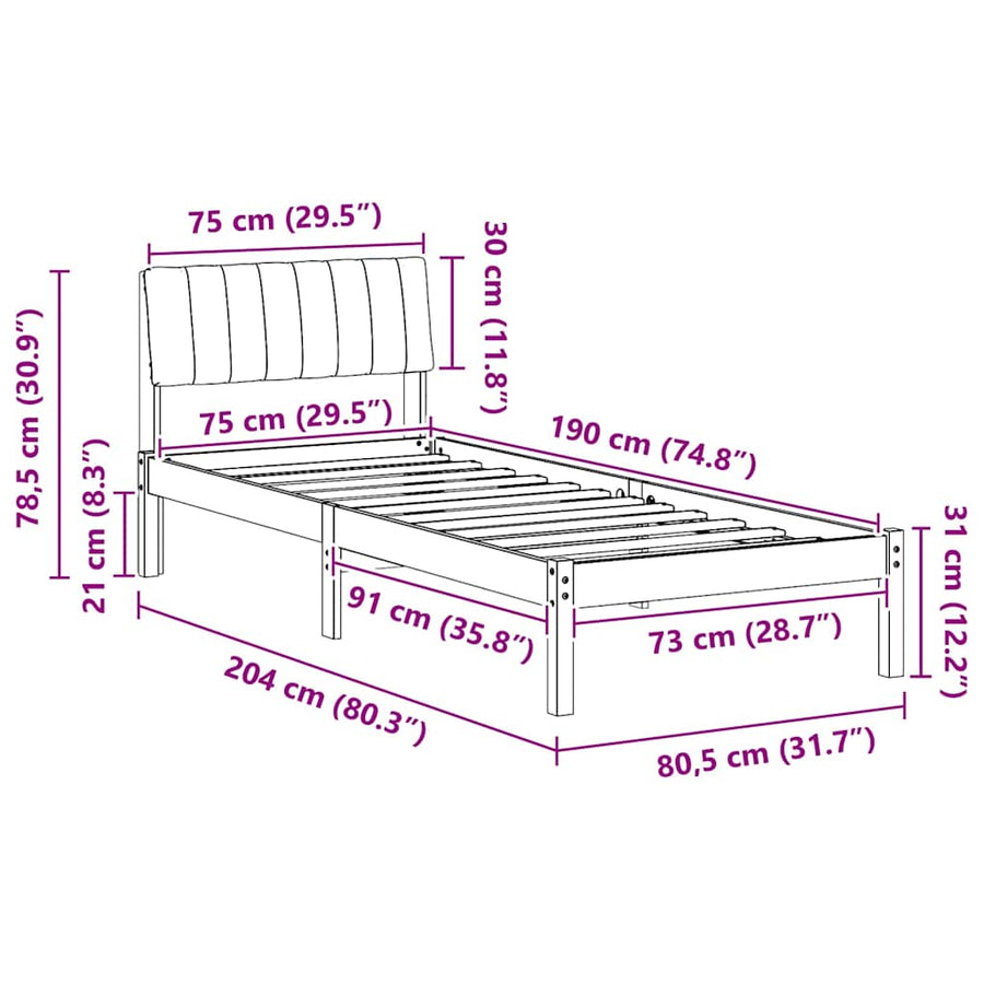 Bedframe Wit en lichtgrijs 75 x 190 cm Massief grenenhout