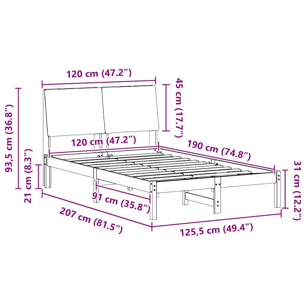 Bedframe Bruin en taupe 120 x 190 cm Massief grenenhout