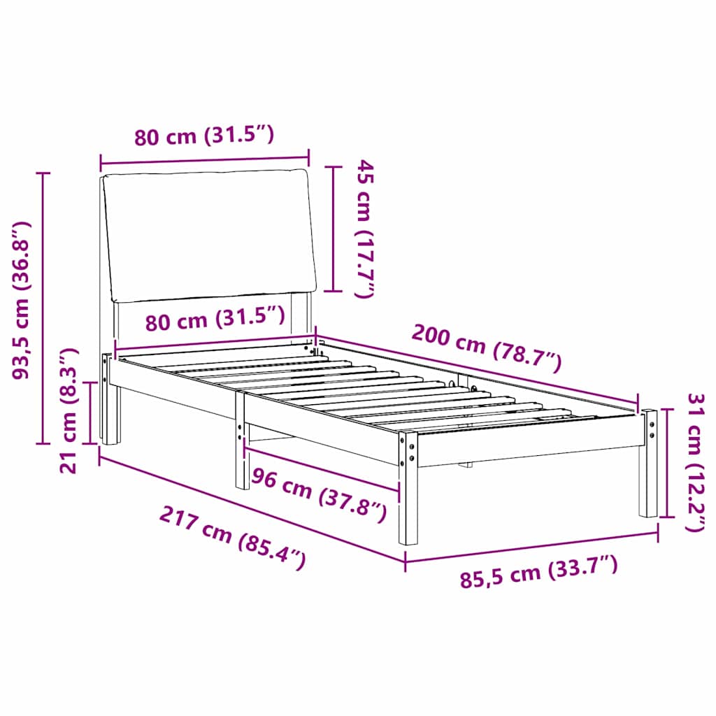 Bedframe Wit en lichtgrijs 80 x 200 cm Massief grenenhout