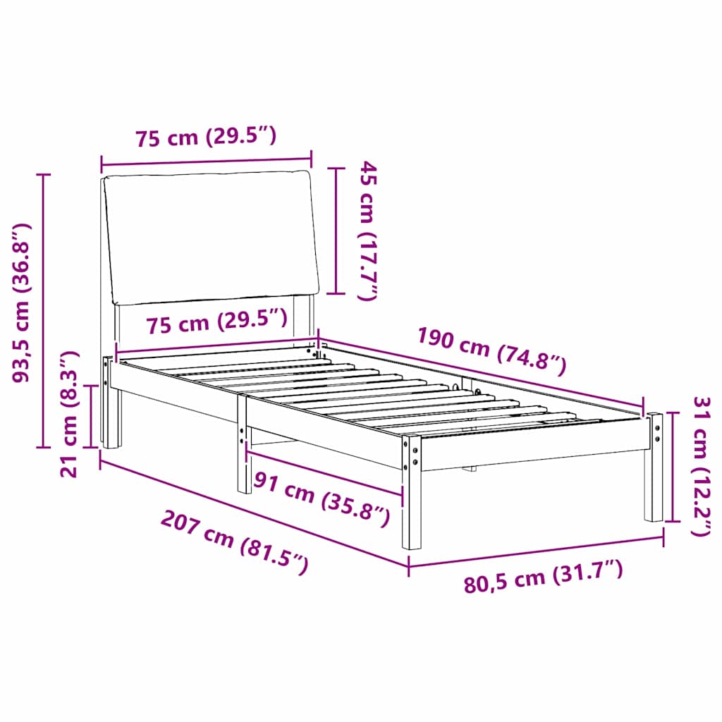 Bedframe Bruin en lichtgrijs 75 x 190 cm Massief grenenhout