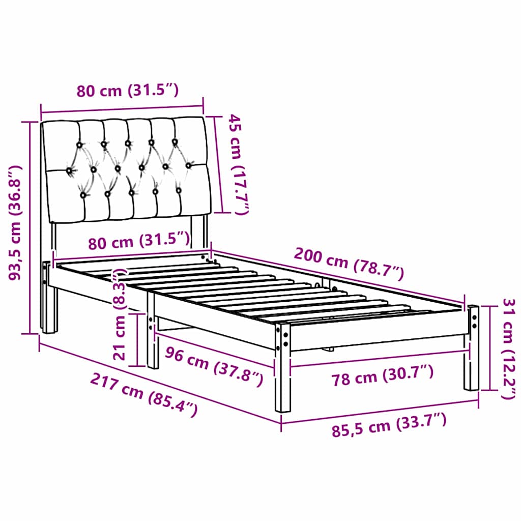 Bedframe met Gevoerd Hoofdgedeelte Bruin 80 x 200 cm