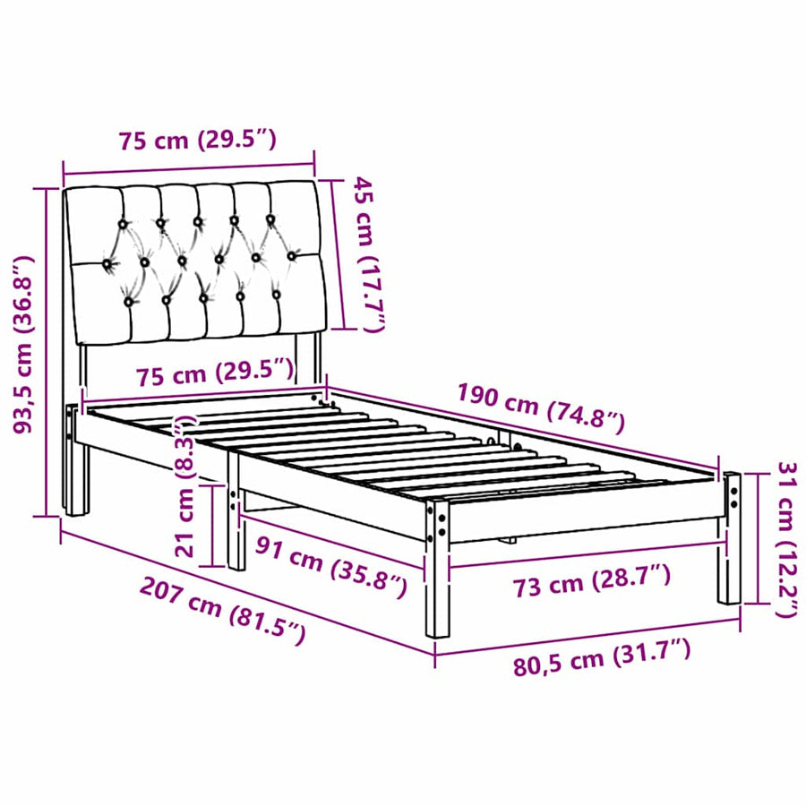 Bedframe met Gevoerd Hoofdgedeelte Wit 75 x 190 cm
