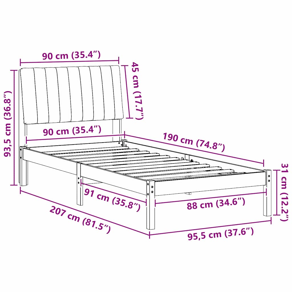 Bedframe met hoofdeinde Wit 90 x 190 cm Stof