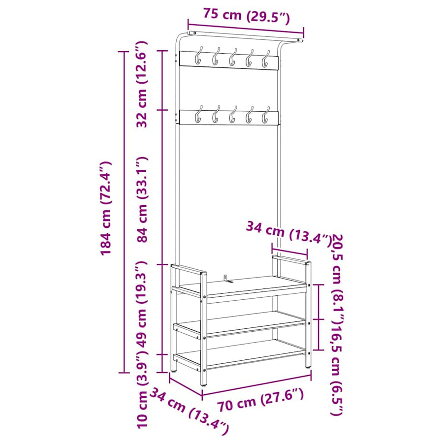 Kapstok met plank Sonoma eiken 75 x 34 x 184 cm Bewerkt hout