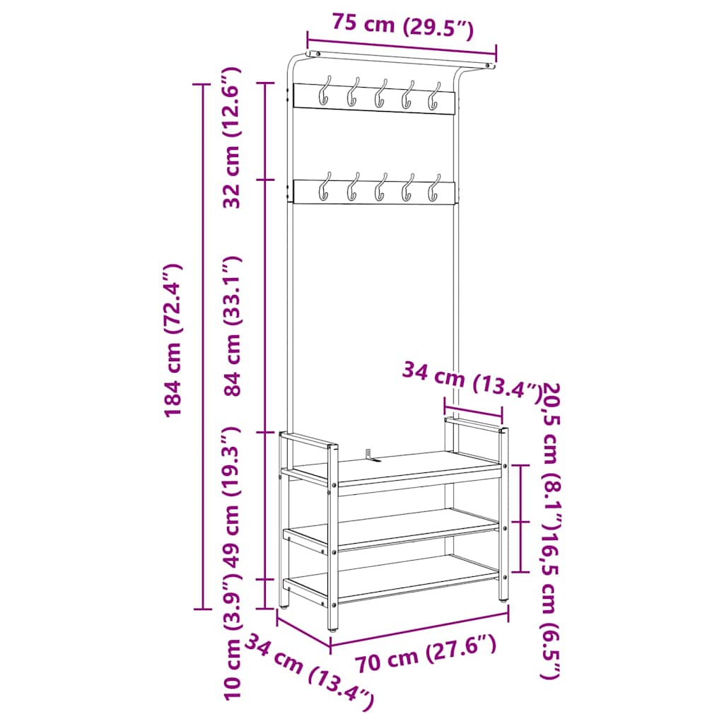 Kapstok artisanaal eikenkleurig 75 x 34 x 184 cm Bewerkt hout