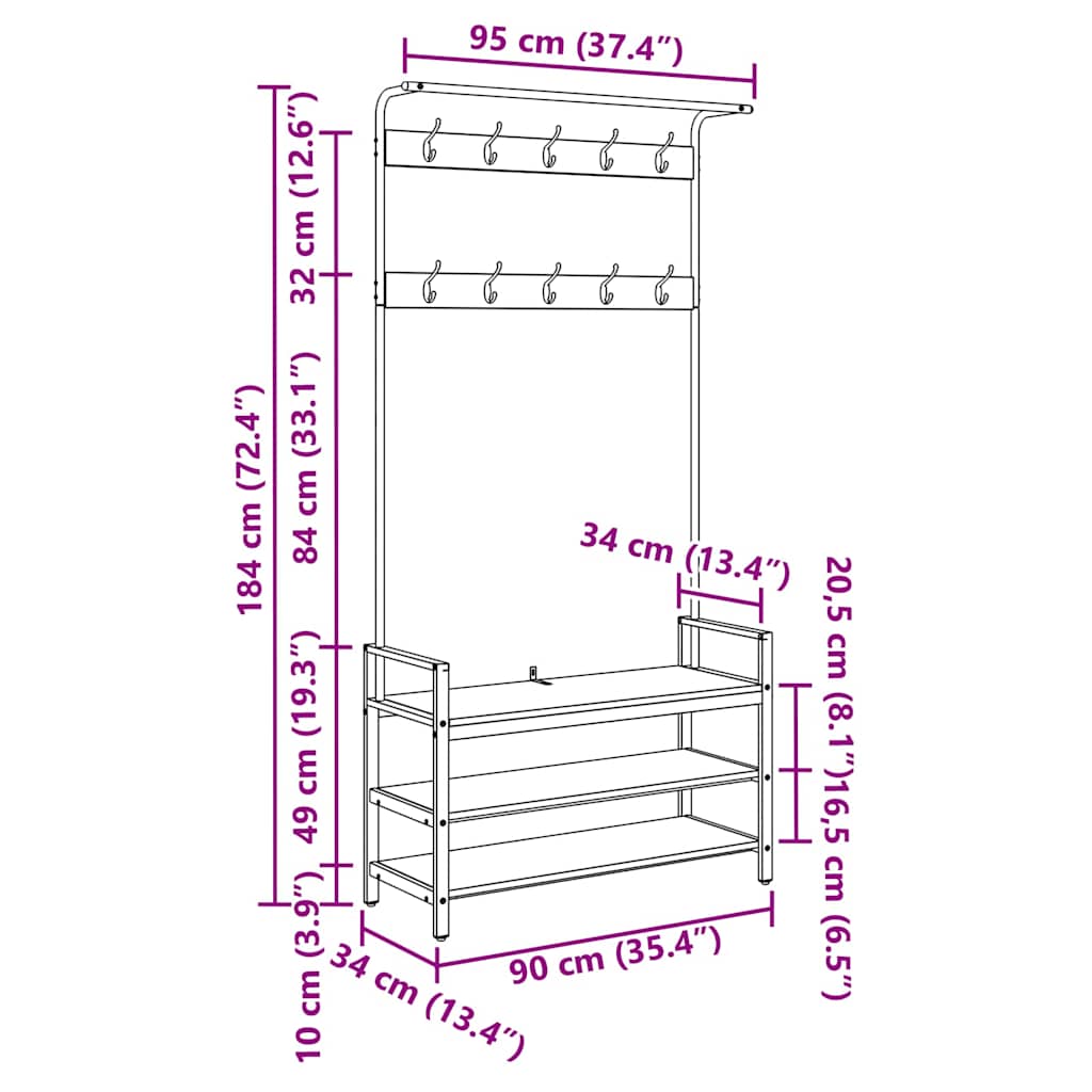 Kapstok met plank Zwart Eiken 95 x 34 x 184 cm Bewerkt hout
