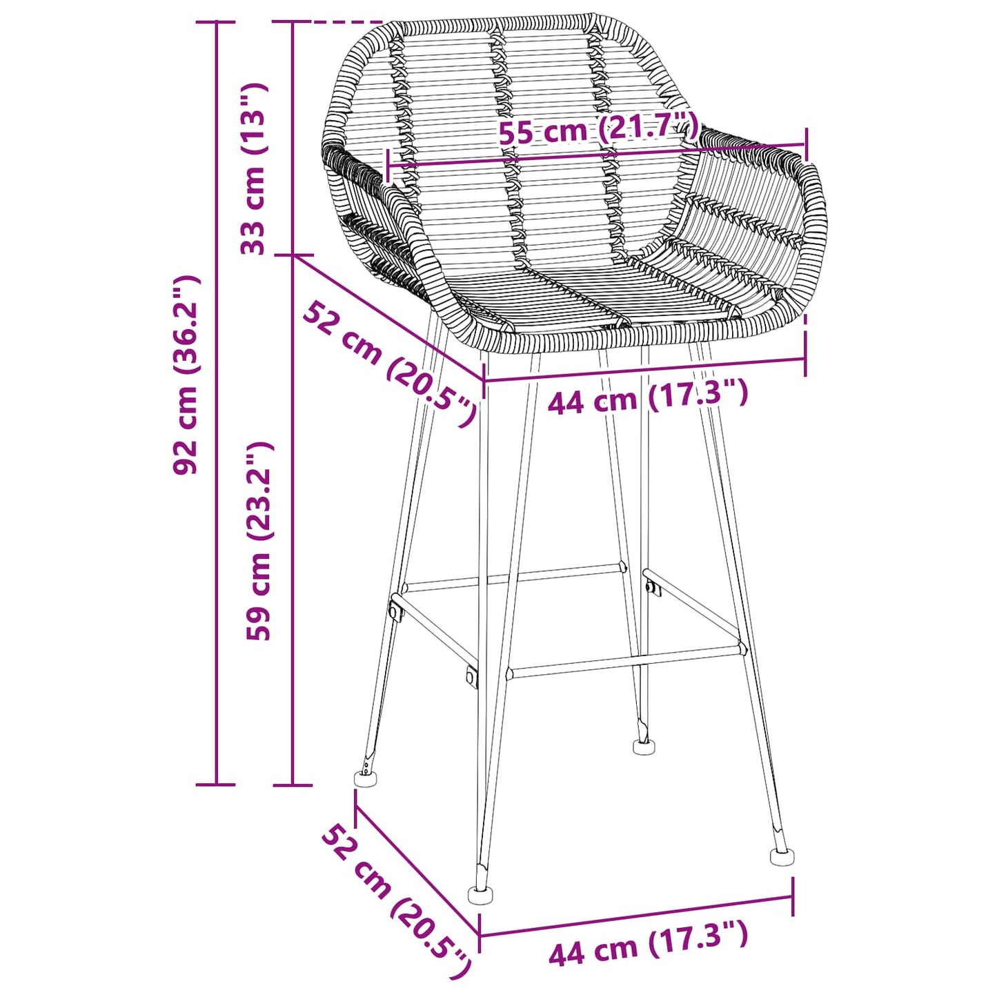 Barkruk 2 pcs Zwart 55 x 52 x 92 cm Riet en IJzer