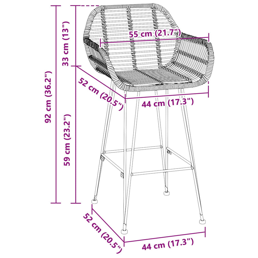Barkruk 2 pcs Zwart 55 x 52 x 92 cm Riet en IJzer