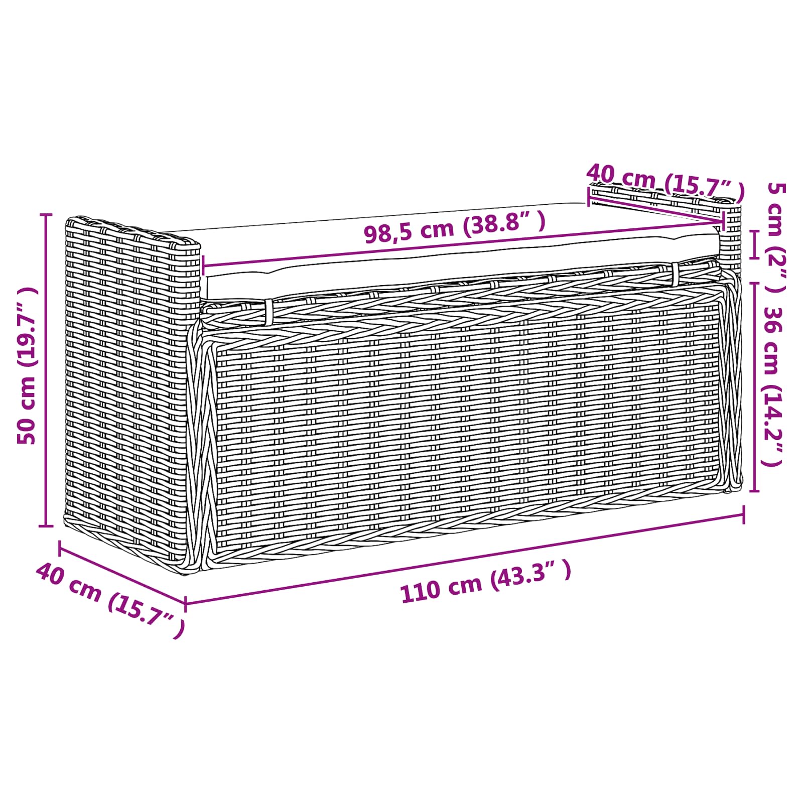 Opslagbank met kussen met opslag Grijs 110 x 40 x 50 cm Rattan