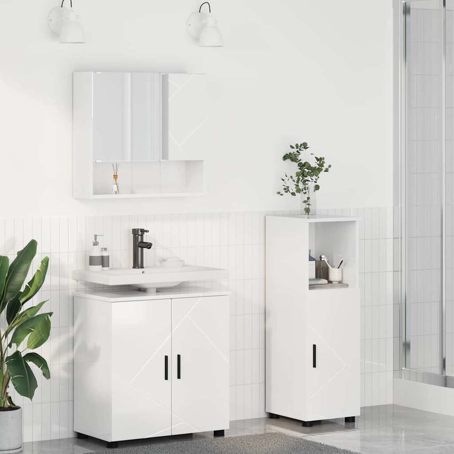 Badkamermeubelset 3 pcs Hoogglans wit Bewerkt hout & Metaal