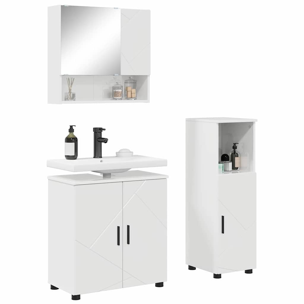 Badkamermeubelset 3 pcs Hoogglans wit Bewerkt hout & Metaal