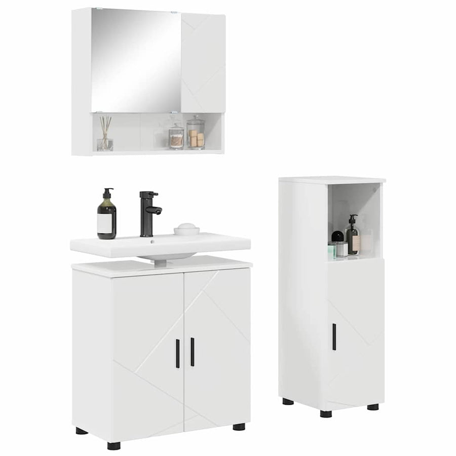 Badkamermeubelset 3 pcs Hoogglans wit Bewerkt hout & Metaal