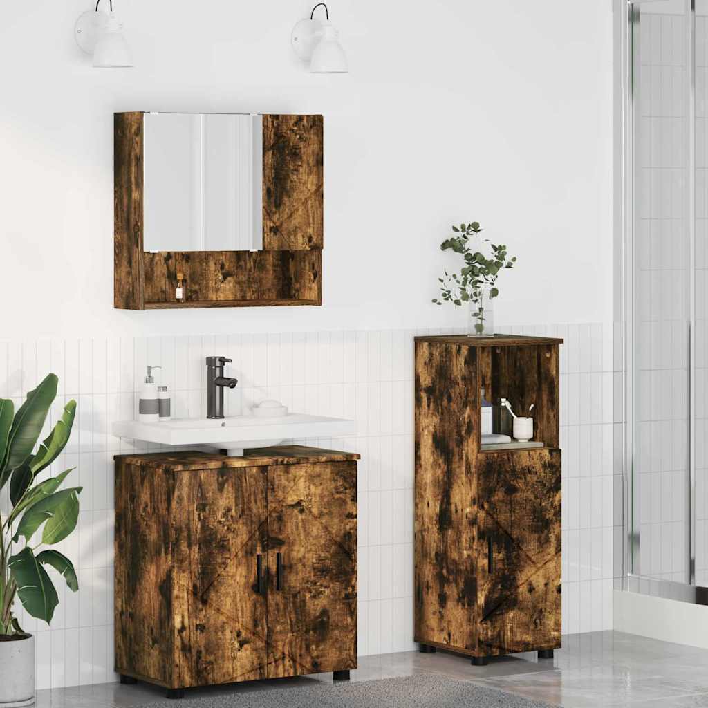 Badkamermeubelset 3 pcs Gerookt eiken Bewerkt hout & Metaal