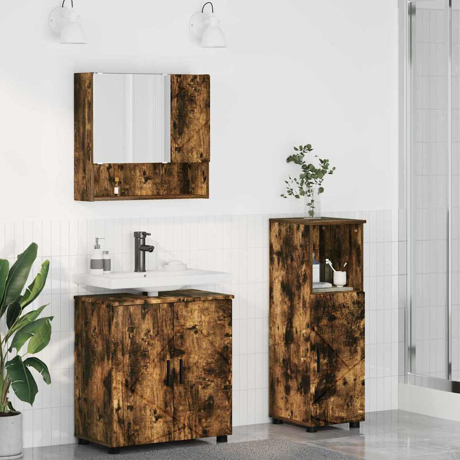 Badkamermeubelset 3 pcs Gerookt eiken Bewerkt hout & Metaal