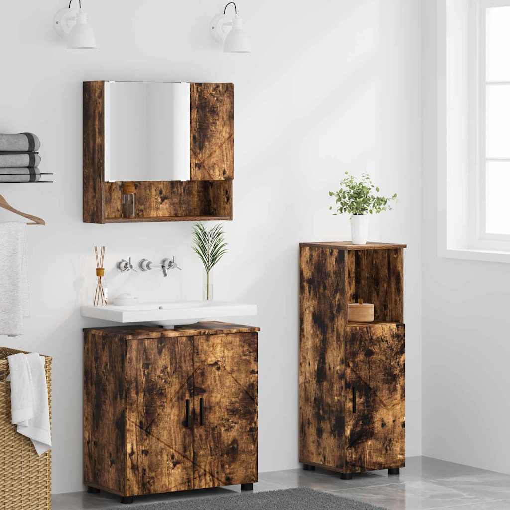 Badkamermeubelset 3 pcs Gerookt eiken Bewerkt hout & Metaal