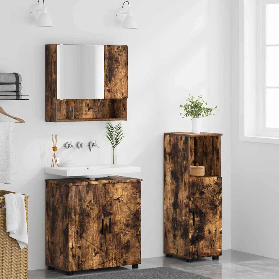 Badkamermeubelset 3 pcs Gerookt eiken Bewerkt hout & Metaal
