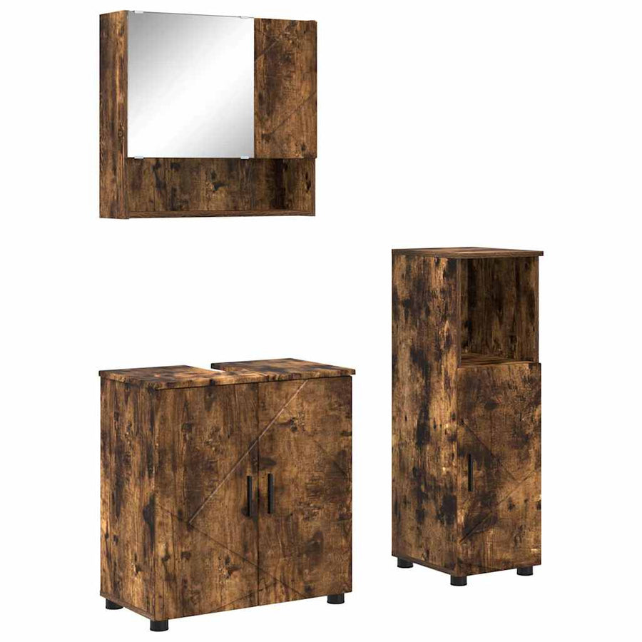 Badkamermeubelset 3 pcs Gerookt eiken Bewerkt hout & Metaal