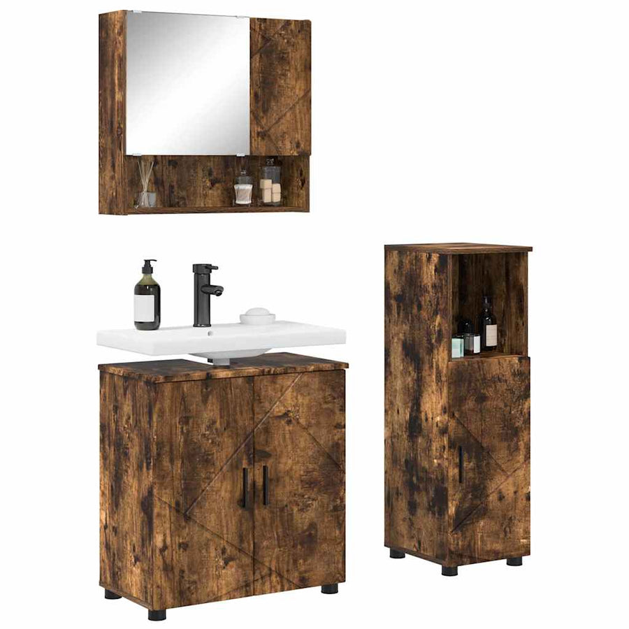 Badkamermeubelset 3 pcs Gerookt eiken Bewerkt hout & Metaal
