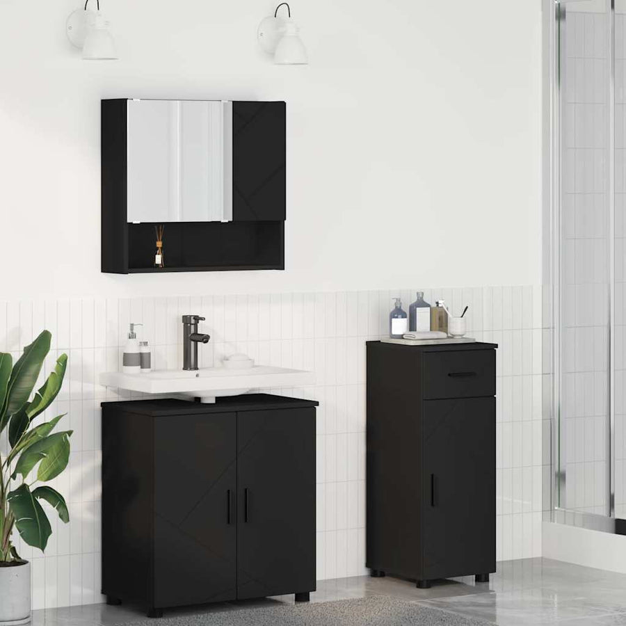 Badkamermeubelset met lade 3 pcs Zwart Bewerkt hout & Metaal