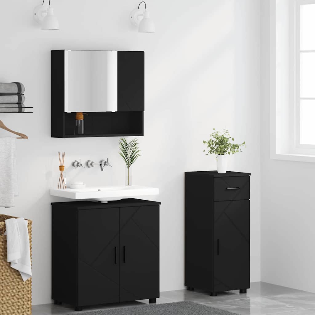 Badkamermeubelset met lade 3 pcs Zwart Bewerkt hout & Metaal