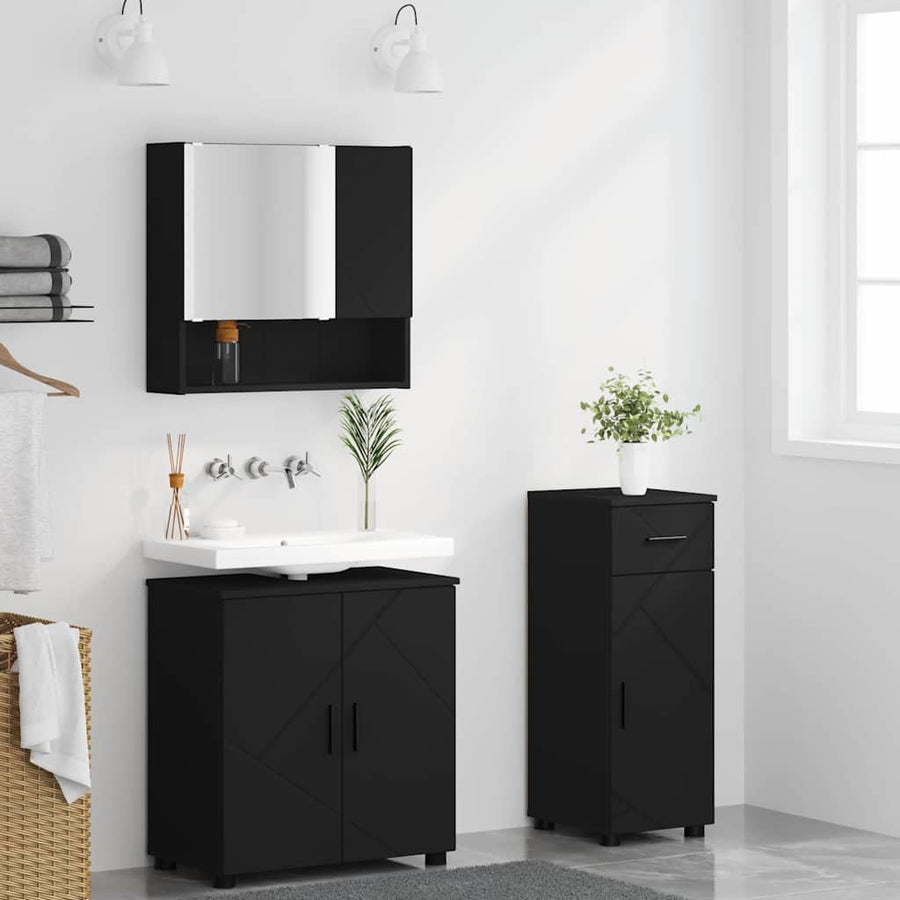 Badkamermeubelset met lade 3 pcs Zwart Bewerkt hout & Metaal