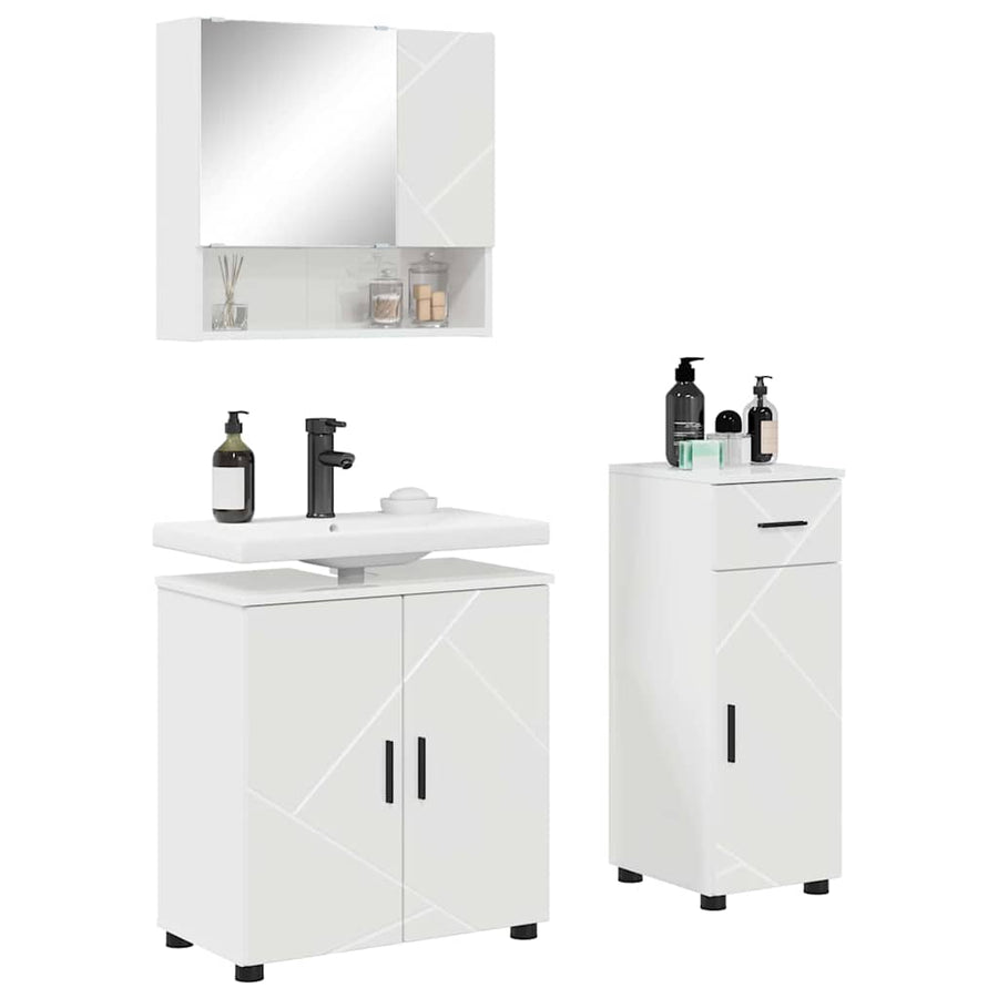 Badkamermeubelset 3 pcs Hoogglans wit Bewerkt hout & Metaal