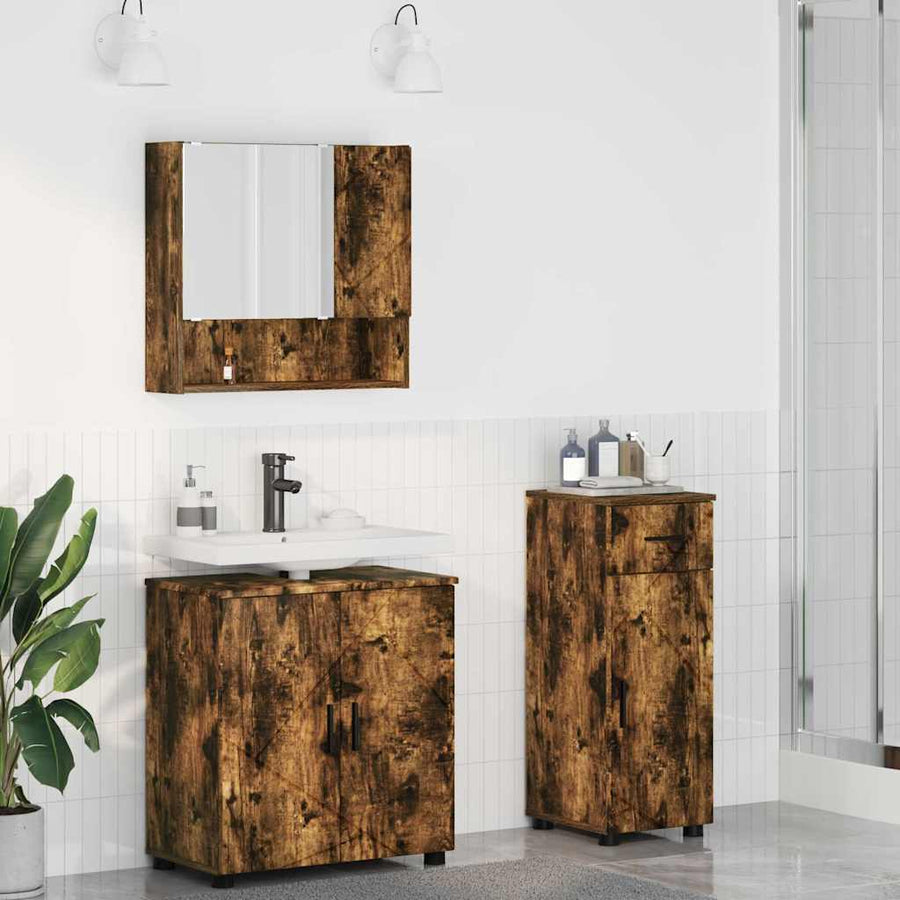 Badkamermeubelset 3 pcs Gerookt eiken Bewerkt hout & Metaal