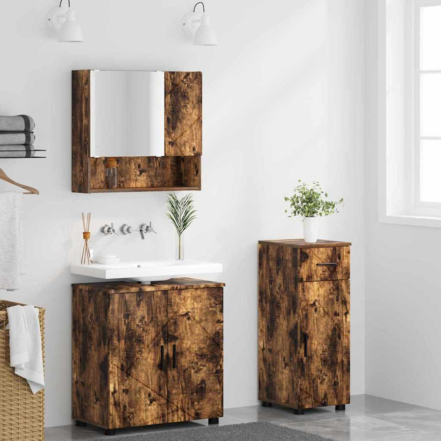 Badkamermeubelset 3 pcs Gerookt eiken Bewerkt hout & Metaal
