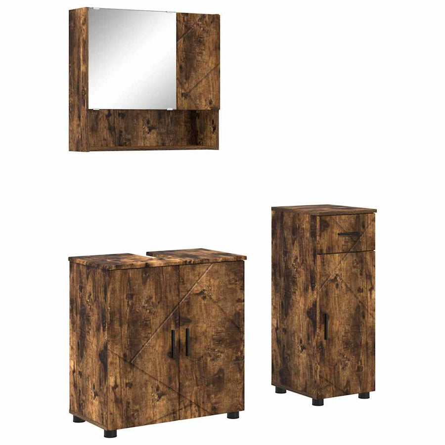 Badkamermeubelset 3 pcs Gerookt eiken Bewerkt hout & Metaal