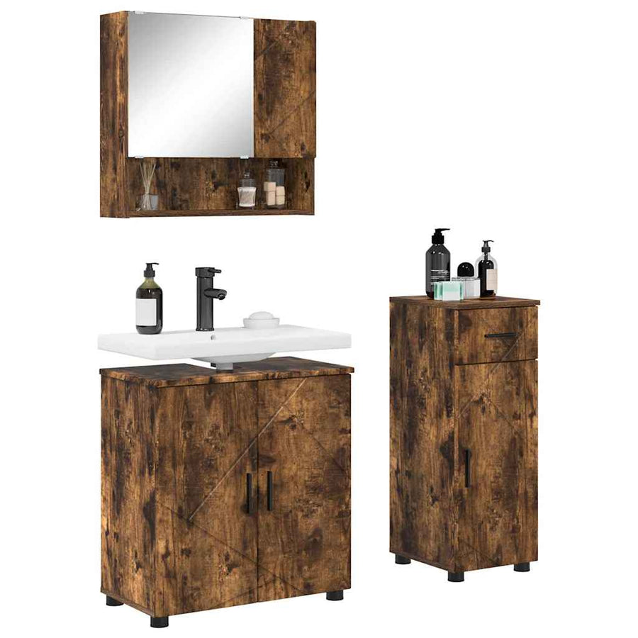 Badkamermeubelset 3 pcs Gerookt eiken Bewerkt hout & Metaal