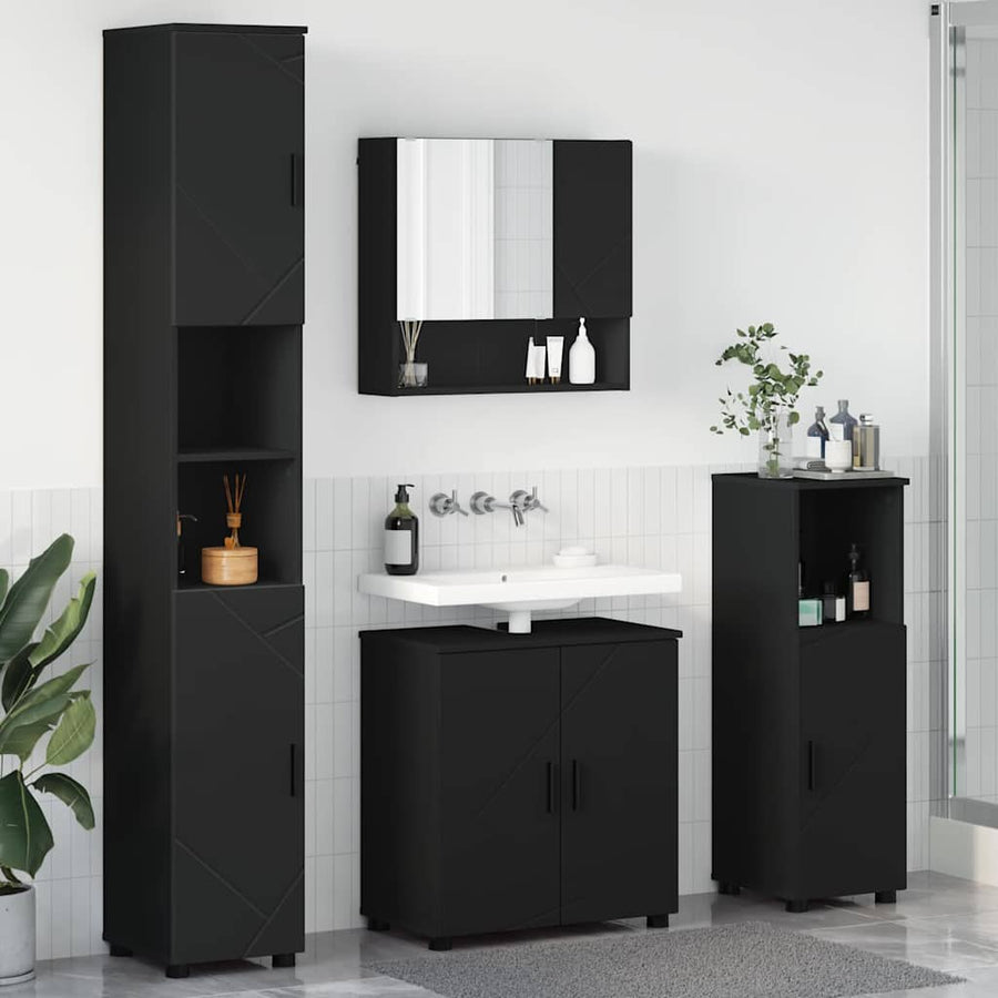Badkamermeubelset met opslag 4 pcs Zwart Bewerkt hout & Metaal