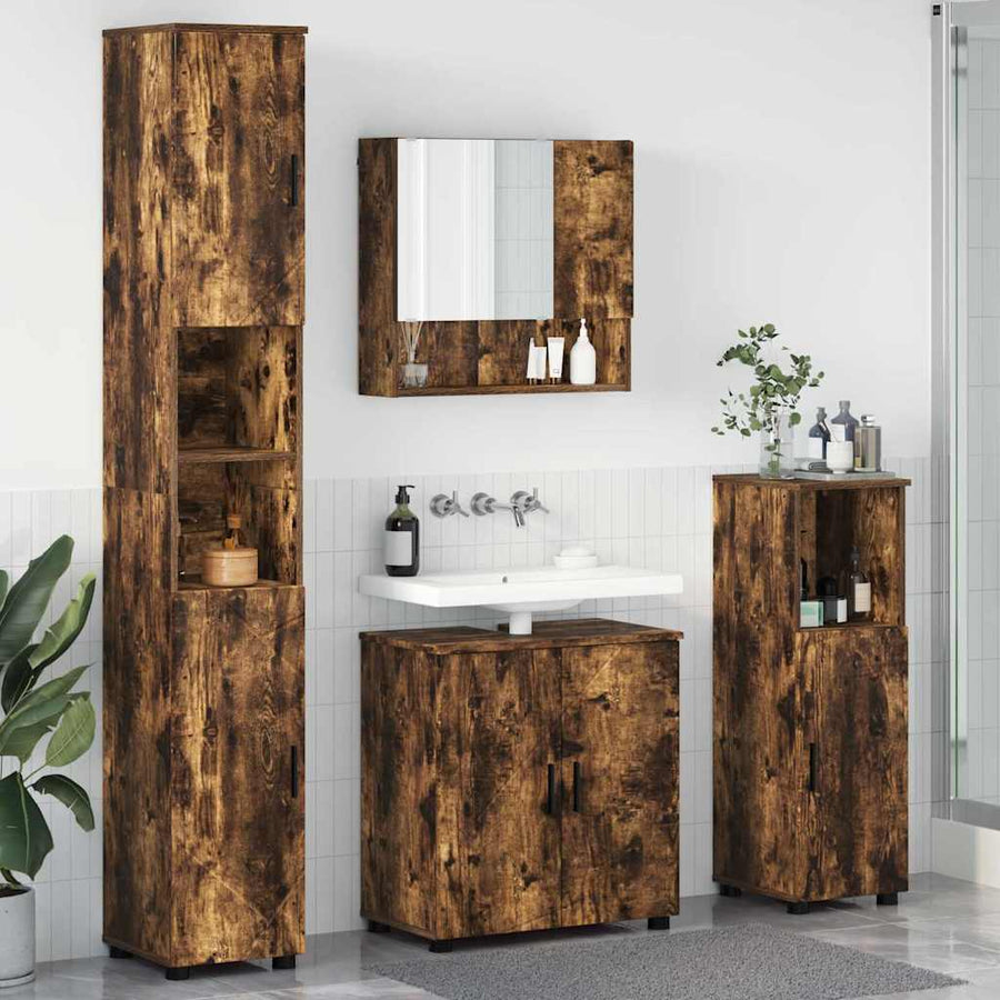 Badkamermeubelset 4 pcs Gerookt eiken Bewerkt hout & Metaal
