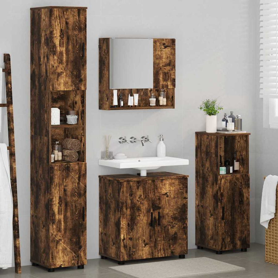 Badkamermeubelset 4 pcs Gerookt eiken Bewerkt hout & Metaal
