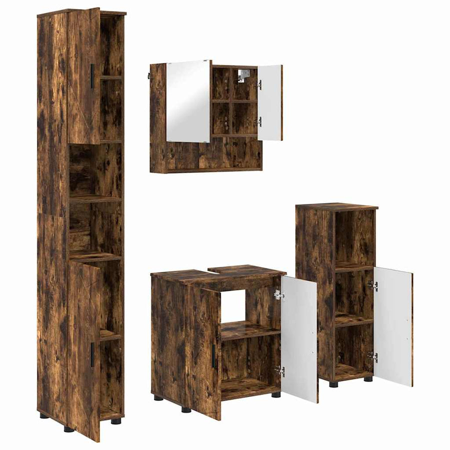 Badkamermeubelset 4 pcs Gerookt eiken Bewerkt hout & Metaal