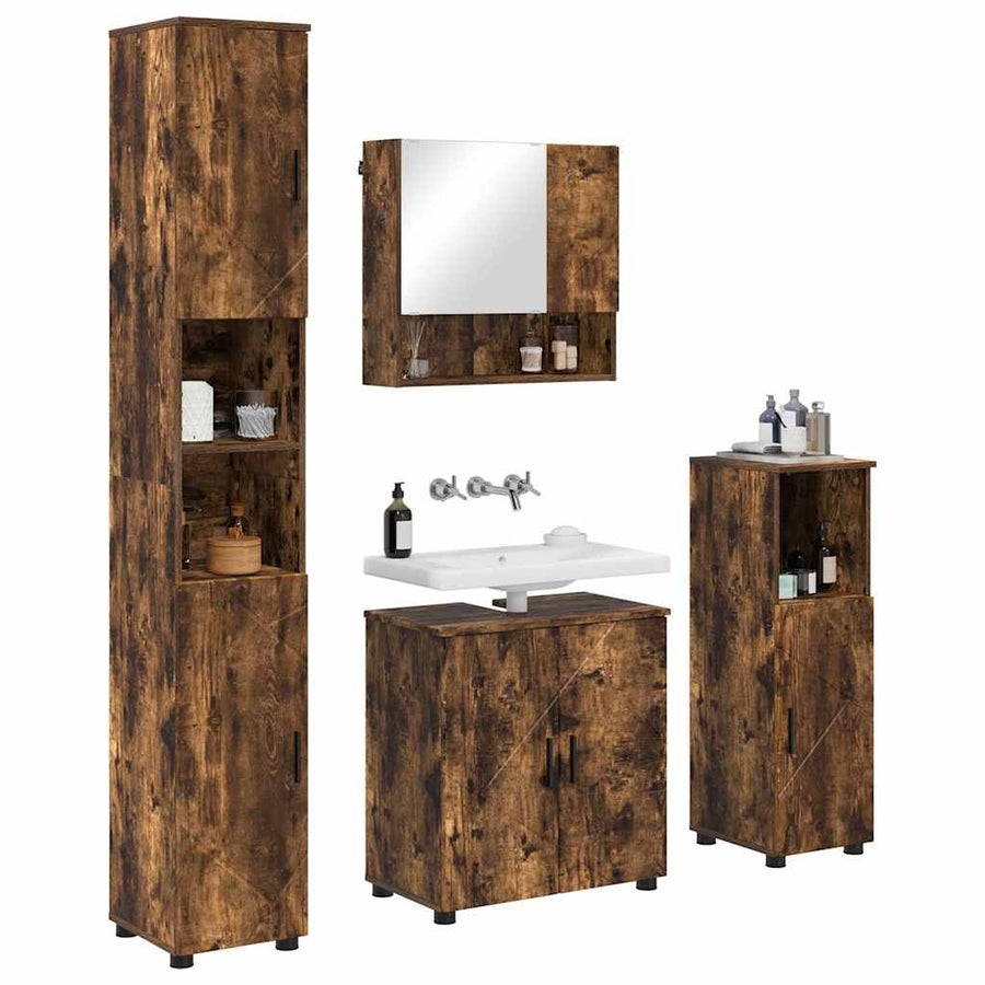Badkamermeubelset 4 pcs Gerookt eiken Bewerkt hout & Metaal