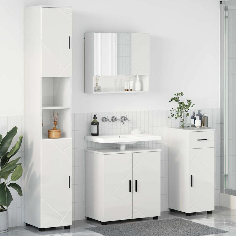 Badkamermeubelset 4 pcs Hoogglans wit Bewerkt hout & Metaal