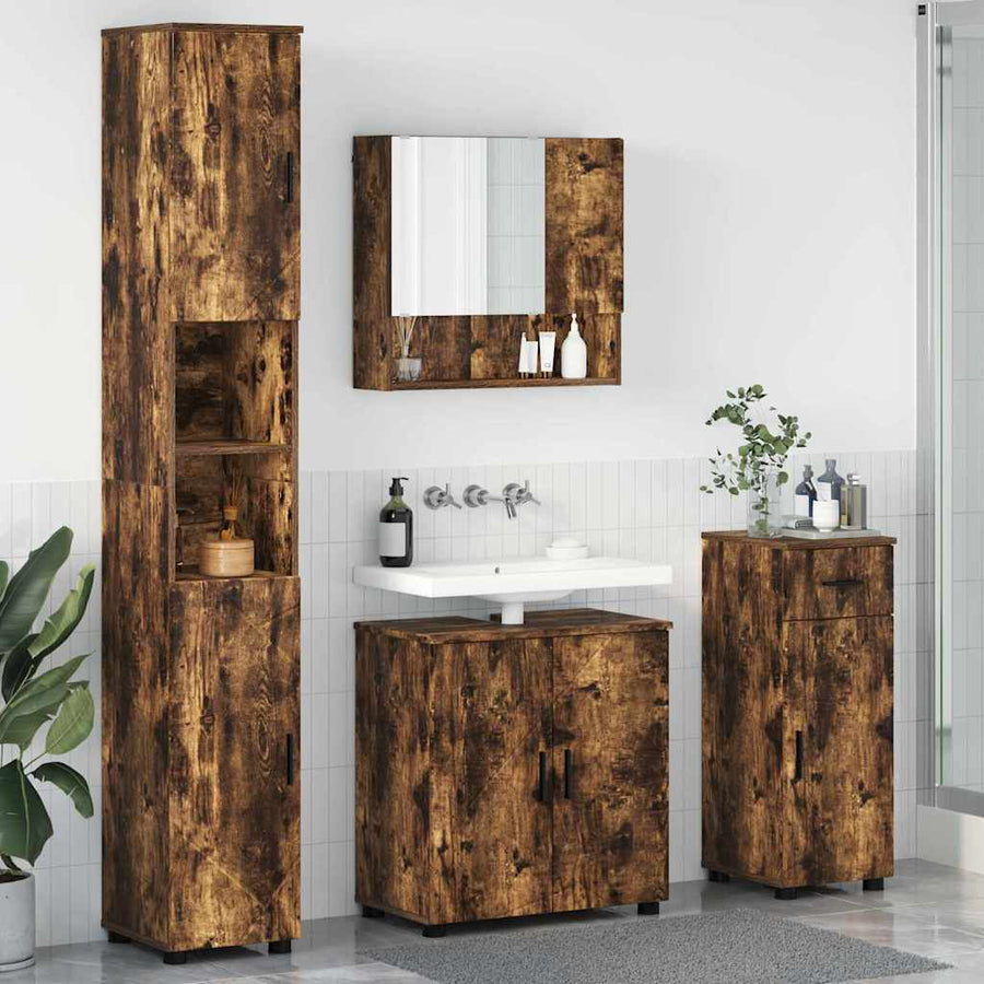 Badkamermeubelset 4 pcs Gerookt eiken Bewerkt hout & Metaal