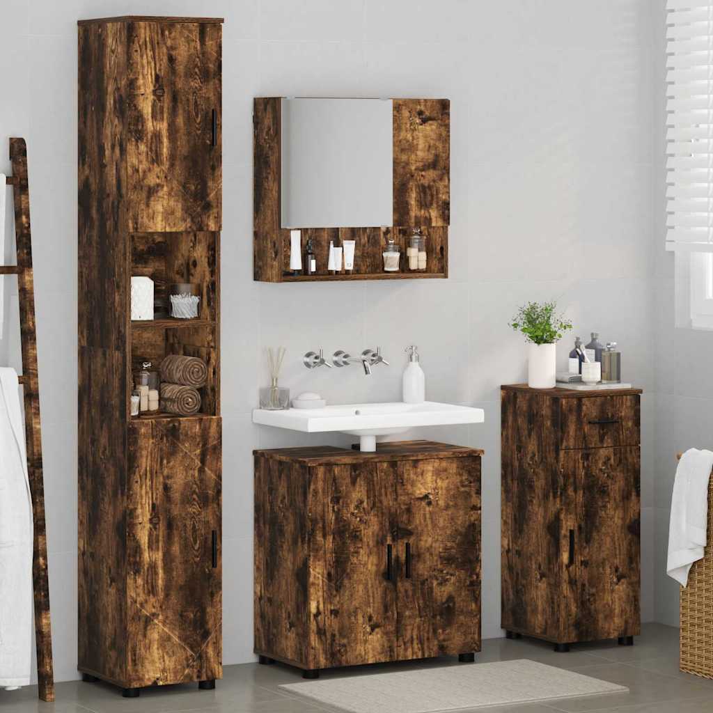 Badkamermeubelset 4 pcs Gerookt eiken Bewerkt hout & Metaal