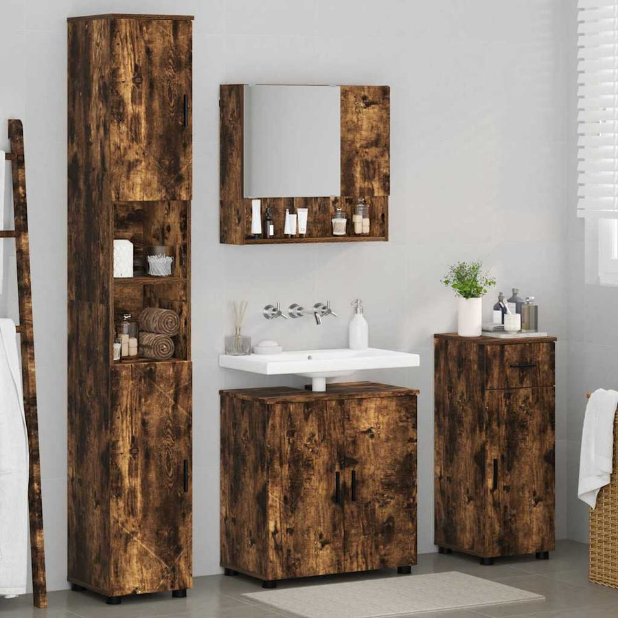 Badkamermeubelset 4 pcs Gerookt eiken Bewerkt hout & Metaal