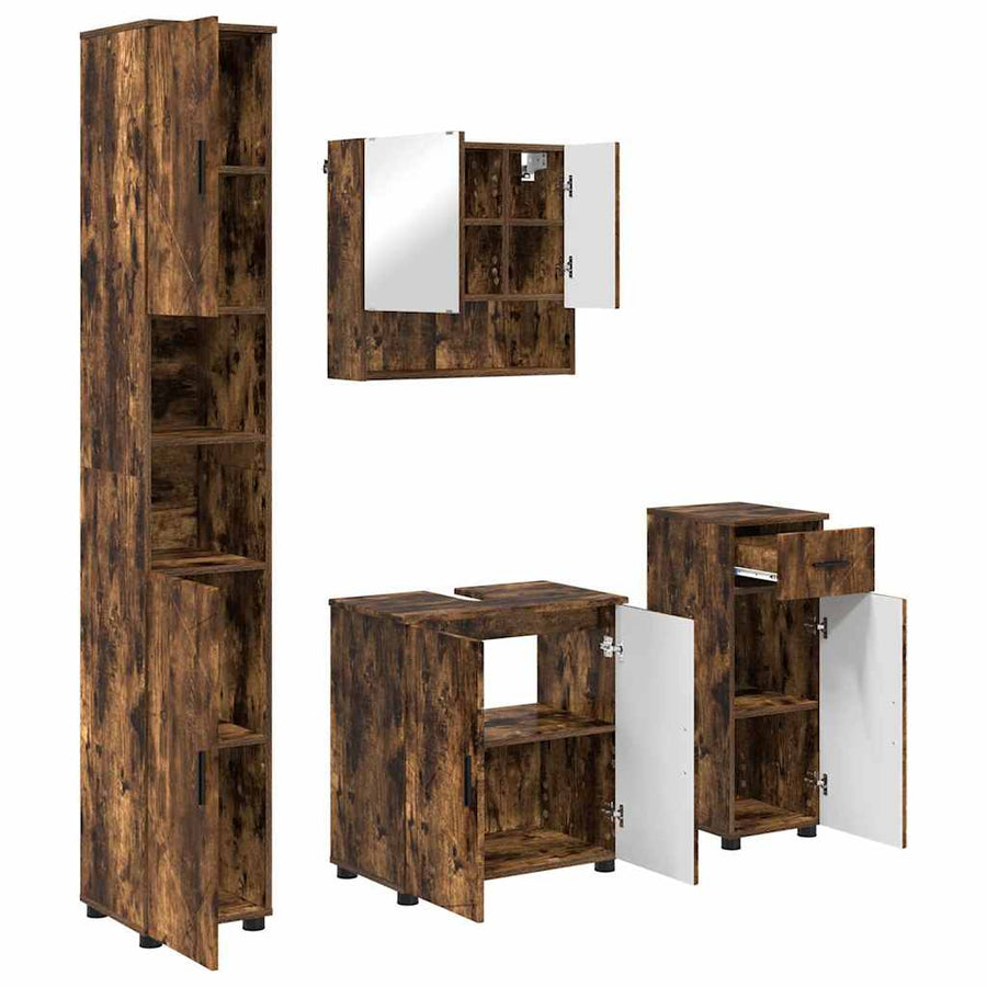 Badkamermeubelset 4 pcs Gerookt eiken Bewerkt hout & Metaal
