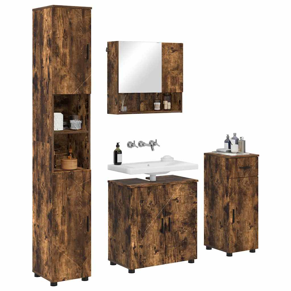 Badkamermeubelset 4 pcs Gerookt eiken Bewerkt hout & Metaal