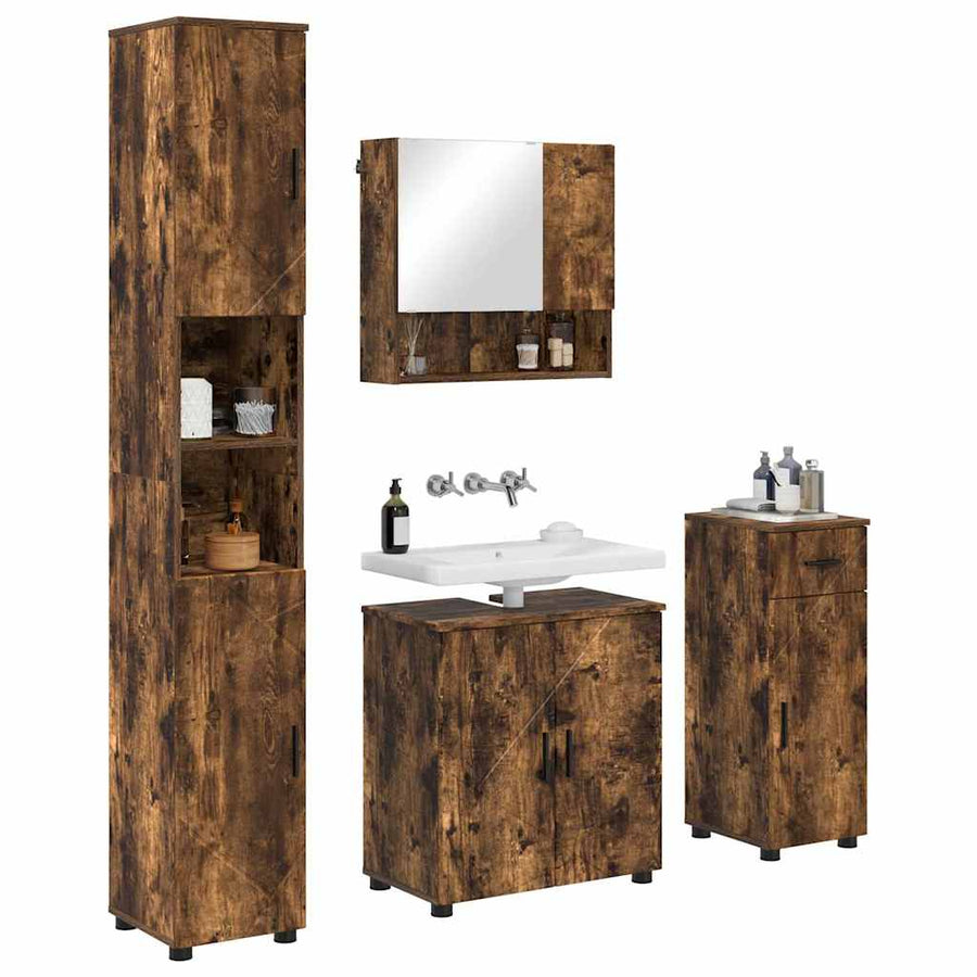 Badkamermeubelset 4 pcs Gerookt eiken Bewerkt hout & Metaal