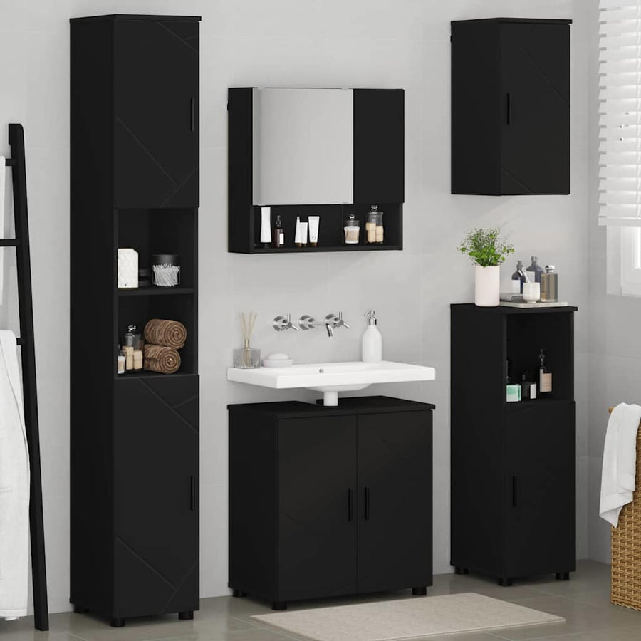 Badkamermeubelset met opslag 5 pcs Zwart Bewerkt hout & Metaal