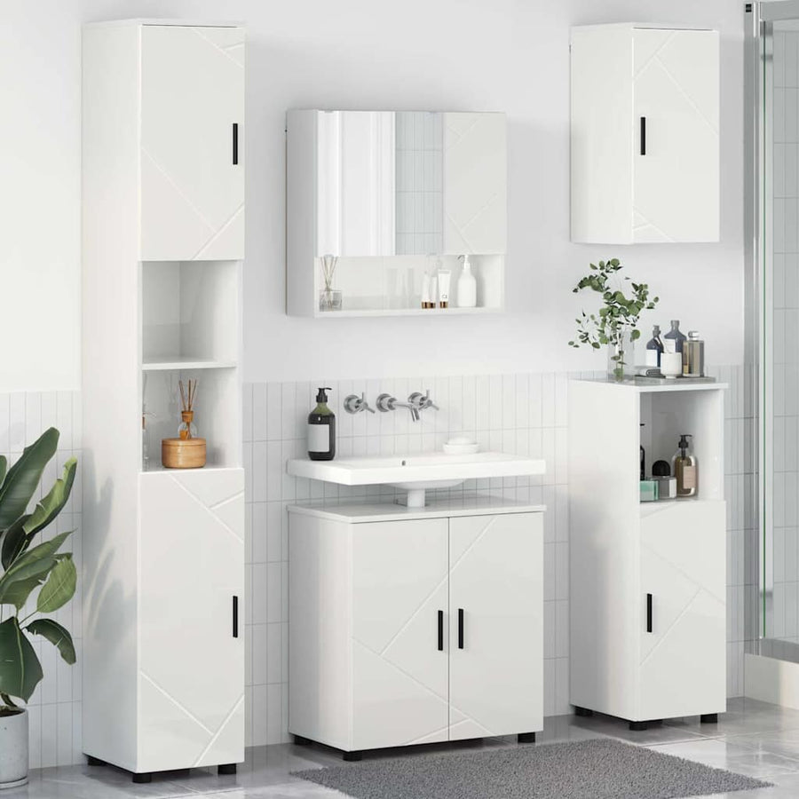 Badkamermeubelset 5 pcs Hoogglans wit Bewerkt hout & Metaal